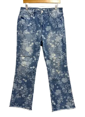 Seven7 Women Pathway Floral Kick Flare Jeans Blue White Raw Hem Size 8 Boho thumbnail 1