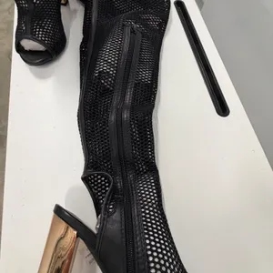 Bamboo Black Fishnet Mesh Thigh High Boots Rose Gold Block Heel Open Toe Size 8 thumbnail 10