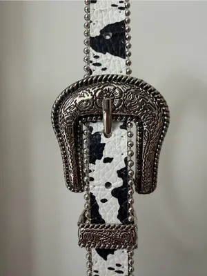 Western-Style Black and White Cow Print Belt with Silver Buckle thumbnail 4
