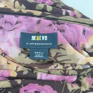 Maeve Anthropologie Ruched Mesh Floral Long Sleeve Top Brown Pink Small thumbnail 4