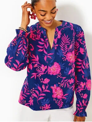 NWT Lilly Pulitzer Coulter Long Sleeve Cotton Top Blue Never Ending Summer thumbnail 2