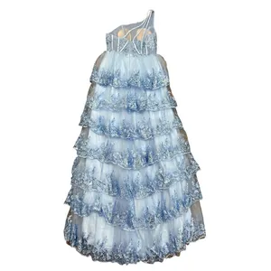 Tiered Asymmetrical Floral Sequin Formal Maxi Dress in Blue, Size 14​​​​ thumbnail 3
