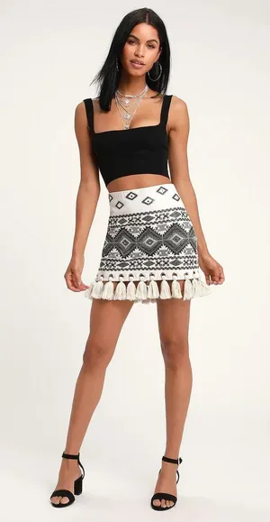 Belinda Beige Sequin Embroidered Tassel Mini Skirt thumbnail 1