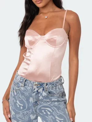 Edikted Pink Satin Open Back Bodysuit thumbnail 1