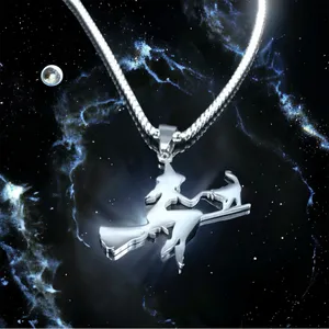 Witch Broom Cat Pendant Necklace Women Witchcraft Silvery Color Hollow Out‎ thumbnail 7