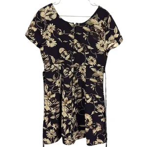 Vintage All That Jazz Plum Cream Floral Print Short Sleeve Zip Tie Back Dress M thumbnail 12