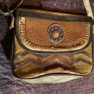 Vintage Renias Sharif Patchwork Leather Crossbody Purse Gold Bronze Tones 80s thumbnail 4