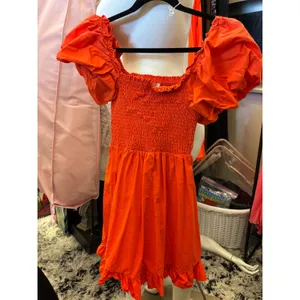 Livaceous Orange‎ Smocked Puff Sleeve Mini Dress Square Neck Ruffle Hem L thumbnail 3