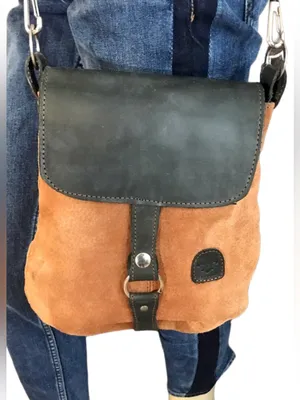El Ceibo Handcrafted Tan Suede And Black Leather Crossbody Messenger Bag thumbnail 3