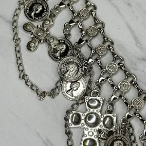 Rhinestone Cross and Coin Charm Silver Tone Metal Chain Link Belt OS One Size thumbnail 4