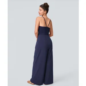 Halara | Navy Blue V Neck Double Strap Wide Leg Jumpsuit‎ with Pockets, Size XS thumbnail 2