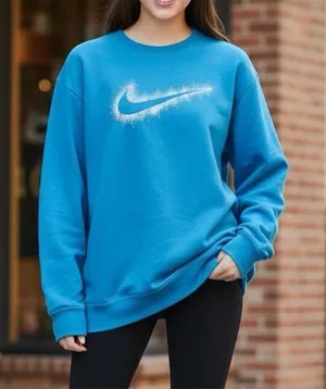Nike Women’s Oversized Crewneck Sweatshirt XXL Blue Glitter Swoosh Fleece thumbnail 1