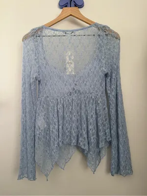 Urban Outfitters Medium NEW Jolene Sheer Lace Babydoll Top Blue Fairy Whimsical thumbnail 6