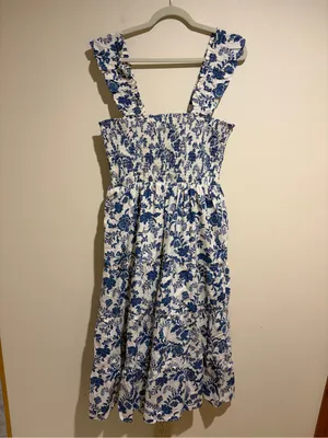 Quince Riviera Blue Heirloom Floral Cotton Poplin Smocked Tiered Midi Dress L thumbnail 12