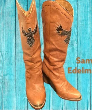 Sam Edelman camel colored cowgirl boots! Cute feather design! thumbnail 1