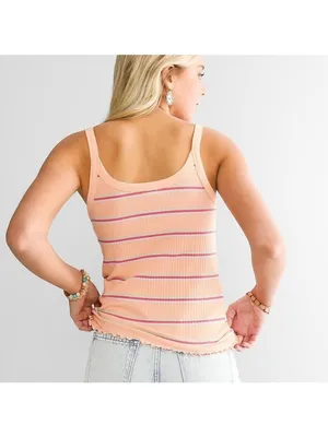 Billabong Tank Top Size Large Apricot Orange Striped‎ Ribbed Lettuce Trim Soft thumbnail 3