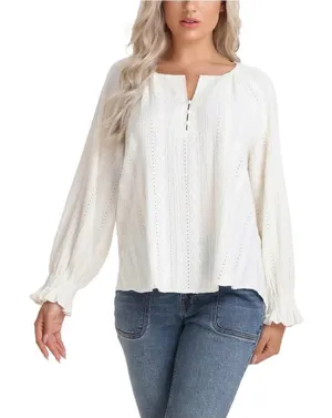 Frye Blouse Womens‎ M Smocked Eyelet Textured Flowy Minimalist Boho Cotrage core thumbnail 1