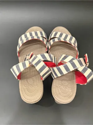 CROCS Leigh Nautical Striped Ankle Strap Wedge Sandals Size 8 thumbnail 5