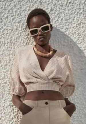 Zara 90s Minimal Plaid Wrap Crop Top Puff Sleeve Blouse S thumbnail 1