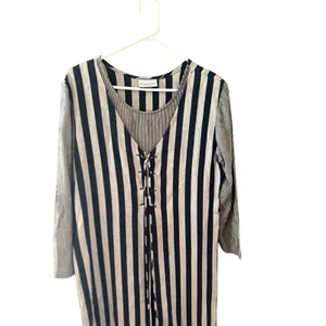 Breakin Loose Vintage‎ XL Striped Lace Up Front Midi Dress Navy Grey Long Sleeve thumbnail 2