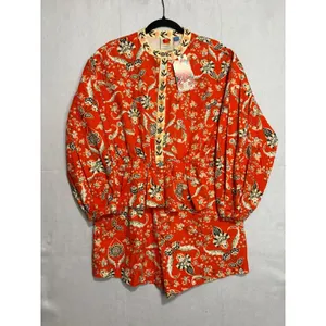 Farm Rio Anthropologie Long Sleeve Romper Red Orange Floral Cotton $228 NWT thumbnail 3