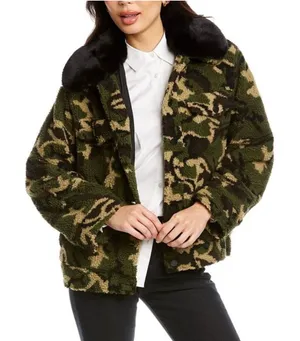 NEW Jocelyn Womens S‎ Sherpa Trucker Jacket Faux Fur Collar Camo Green Black thumbnail 1