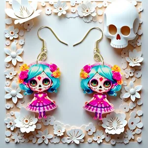 New Day of the Dead Sugar Skull Doll Acrylic Dangle Earrings thumbnail 2