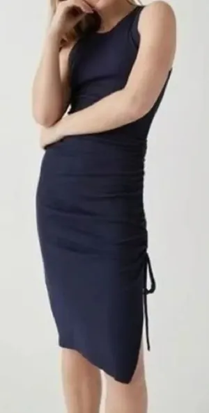 NWT Michael Stars Hope Midi Dress with tie ultra‎ rib Admiral blue high neck 1X thumbnail 1