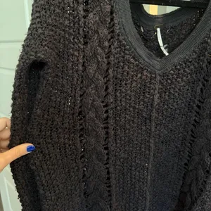 Free People V-Neck Open Cable Knit Charcoal Hi-Low Sweater thumbnail 3