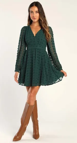 Lulus Always on Repeat Emerald Green Clip Dot Long Sleeve Mini Dress Large NWT thumbnail 1