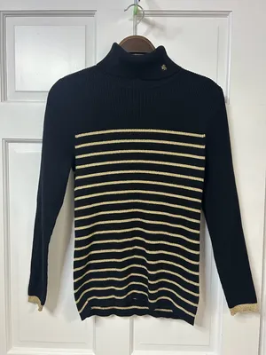 Lauren Ralph Lauren Black Turtleneck Sweater with Gold Stripes thumbnail 1