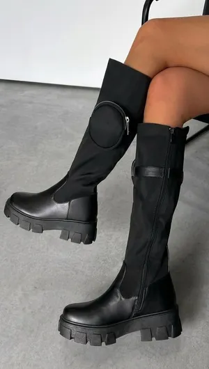 Black womens 10 stretchy tall black combat style platform boot w removable pouch thumbnail 1