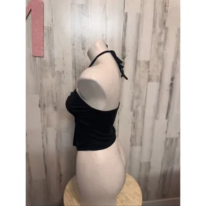 Romwe Crop Top Womens Medium Black Ribbed Halter Neck Ruched Handkerchief Hem thumbnail 4