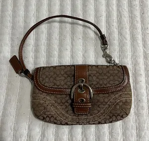 Coach Brown Signature Canvas Wristlet with Tan Leather Trim and Silver Buckle thumbnail 1