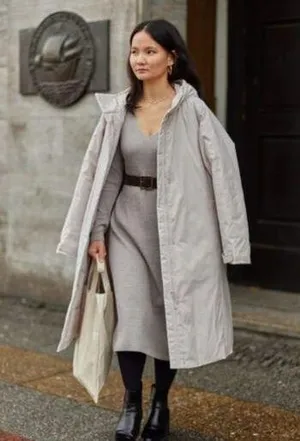 Uniqlo Merino Wool Blend Fitted V-Neck Long-Sleeve Dress in Gray thumbnail 1