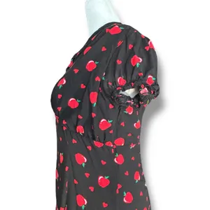 ModCloth X Collectif Apple Heart Print Midi Dress Black Red Puff Sleeve Cottage thumbnail 6