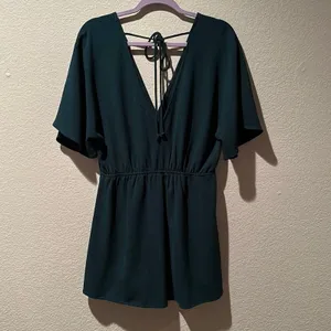 Leith Dark Green Emerald V-Neck Flowy Short Sleeve Tie-Back Romper Sz L thumbnail 2
