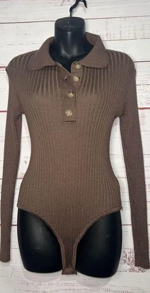 Nasty Gal Brown Ribbed Long Sleeved Bodysuit Women’s US Size 4 thumbnail 4