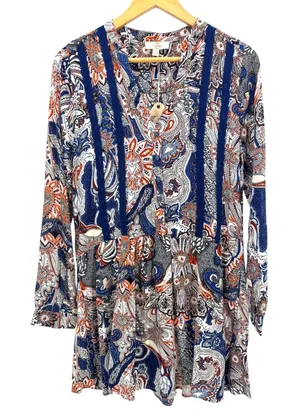 Entro Paisley Tunic Dress S Small NWT Blue Orange Boho Crochet Lace Henley D5752 thumbnail 1