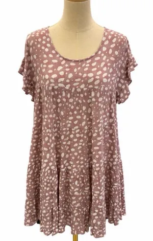 entro Medium Mauve Ivory Animal Print Babydoll Tiered Flowy Mini Dress thumbnail 1
