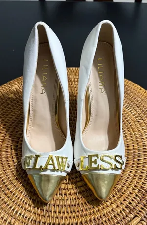 Liliana White Gold Flawless Flawless Lettering Pointed Toe Stiletto Pumps Heels thumbnail 1
