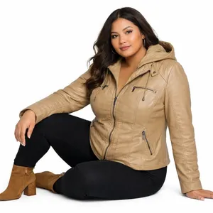 Tanming Women's Removable Hooded Faux Leather Jackets in Apricot/Tan thumbnail 1