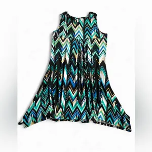 NWT NY Collection Wom Sleeveless Asymmetrical Chevron Dress Black Teal & Blue L thumbnail 3