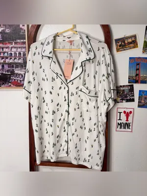 Eberjey Gisele short sleeve pajama top Ski Chalet Ivory/Pine alpine skier NEW thumbnail 2