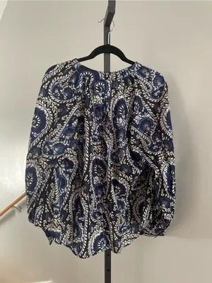 H&M 100% Cotton Paisley Floral Boho Navy Blue Peasant Blouse Size XL thumbnail 3