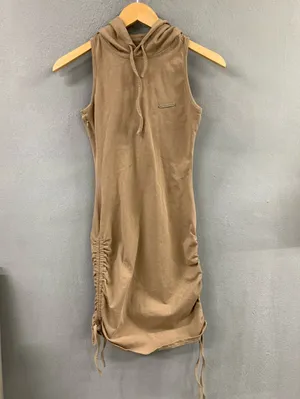 Military mini hooded ruched drawstring sides dress thumbnail 2