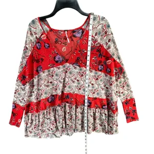 Free People Isabelle Tunic Top Womens XS Red Gray Floral Oversized Boho Feminine thumbnail 10