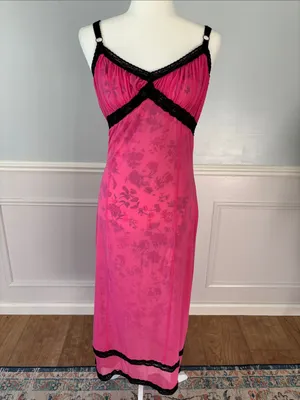 Urban Outfitters Hot Pink Slip Dress with Black Lace Trim Sz Large 90s Y2K Mesh thumbnail 2