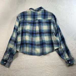 American Eagle Sz L‎ Light Flannel Shirt Cropped Boxy Oversized Plaid Button Up thumbnail 14