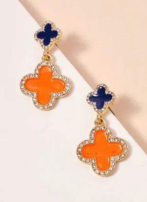 Game Day Enamel Clover Dangling | Earrings-Orange & Navy thumbnail 1